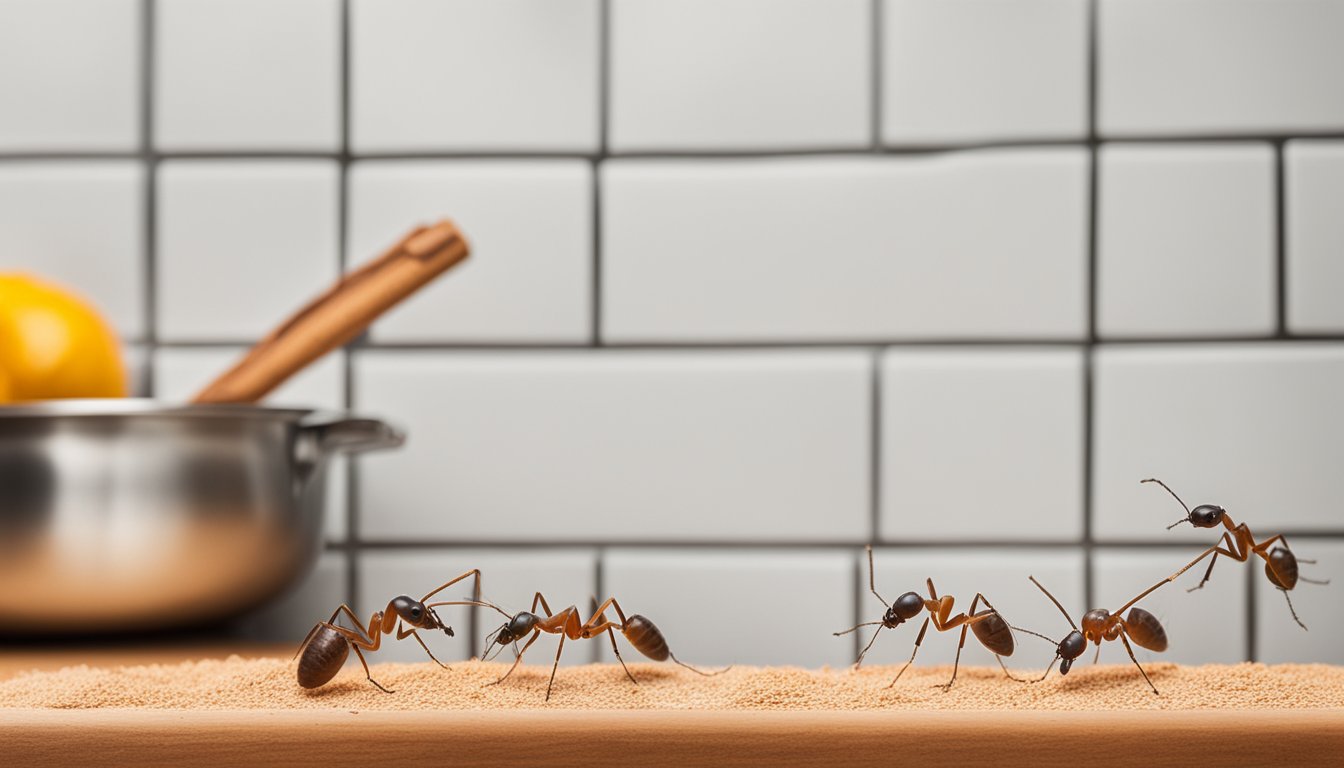 Ants being repelled by a barrier of cinnamon powder sprinkled along the entry points of a kitchen