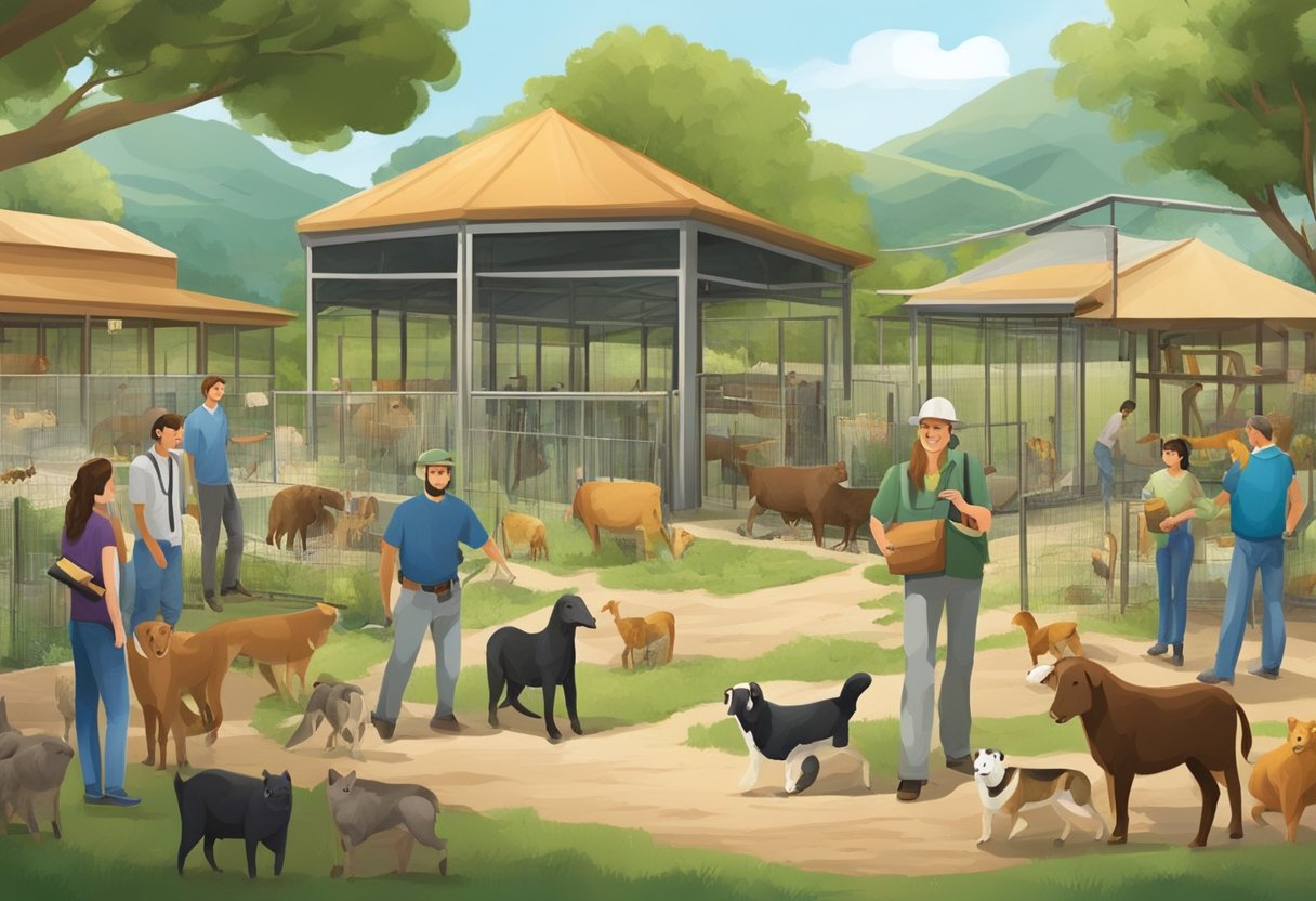 A bustling animal sanctuary with diverse species. Contractors interact with animals, earning high pay. Typical employers include zoos, wildlife reserves, and veterinary clinics