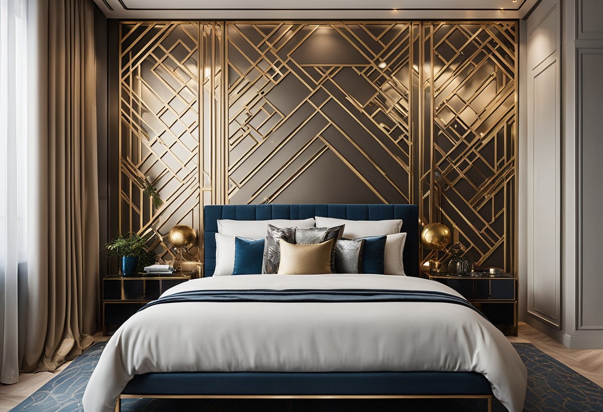 The master bedroom feature wall showcases intricate geometric patterns and metallic finishes, adding a touch of elegance and sophistication to the space