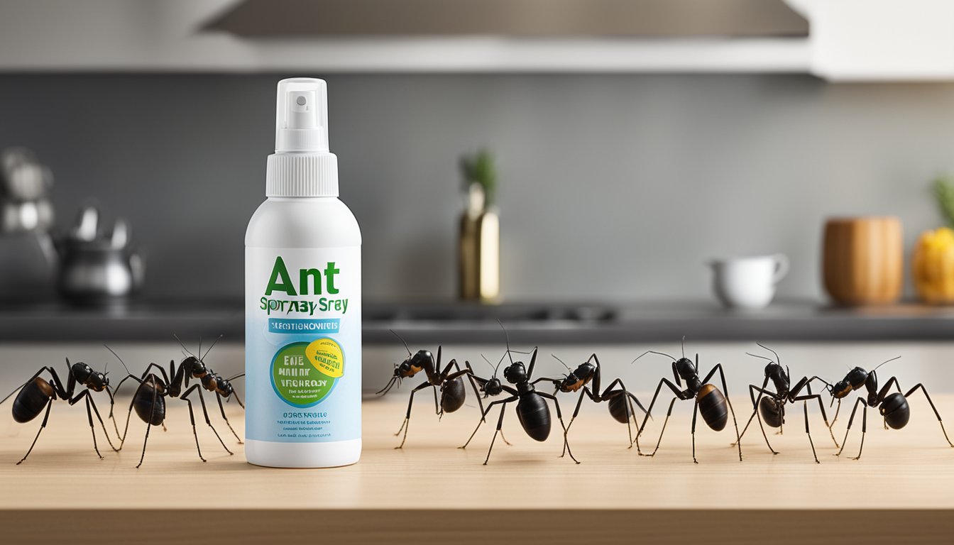 A bottle of ant spray next to a line of marching ants on a kitchen counter