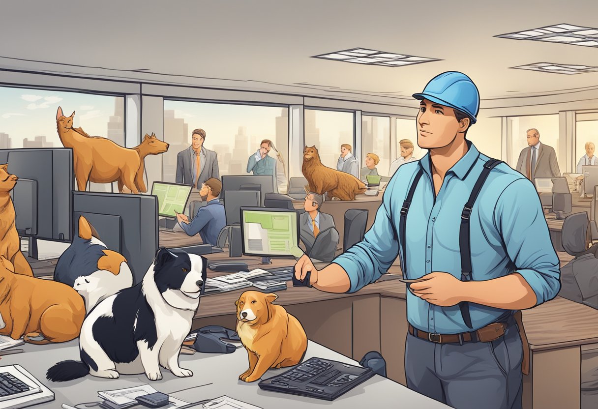 A contractor overseeing high-paying jobs, surrounded by animals in a successful business setting