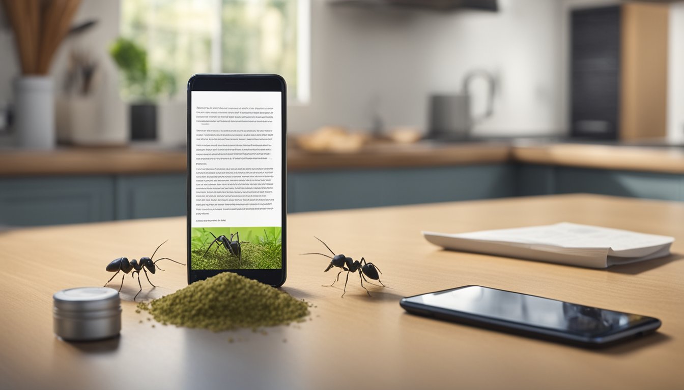 Ants crawling around a kitchen counter, with a container of ant bait nearby and a person reading a FAQ page on their phone