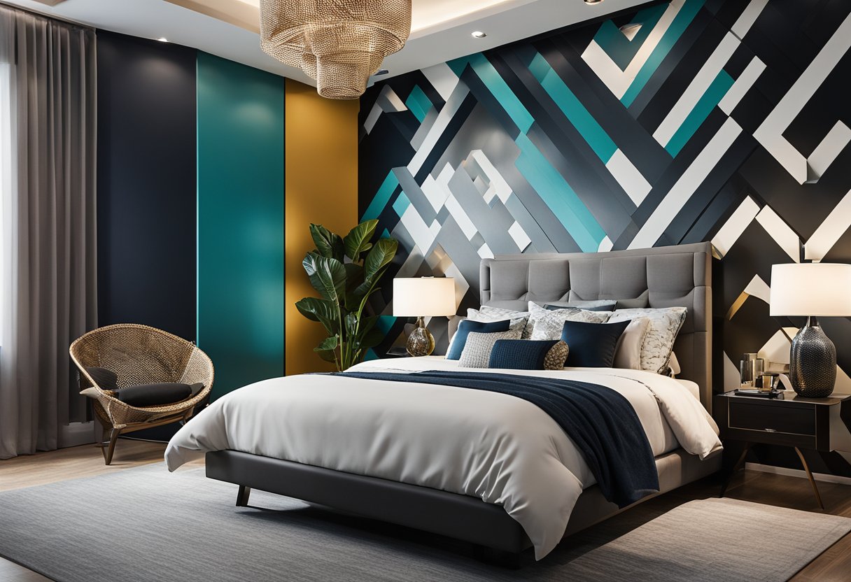 A modern master bedroom with a bold, geometric feature wall design. Clean lines and contrasting colors create a striking focal point