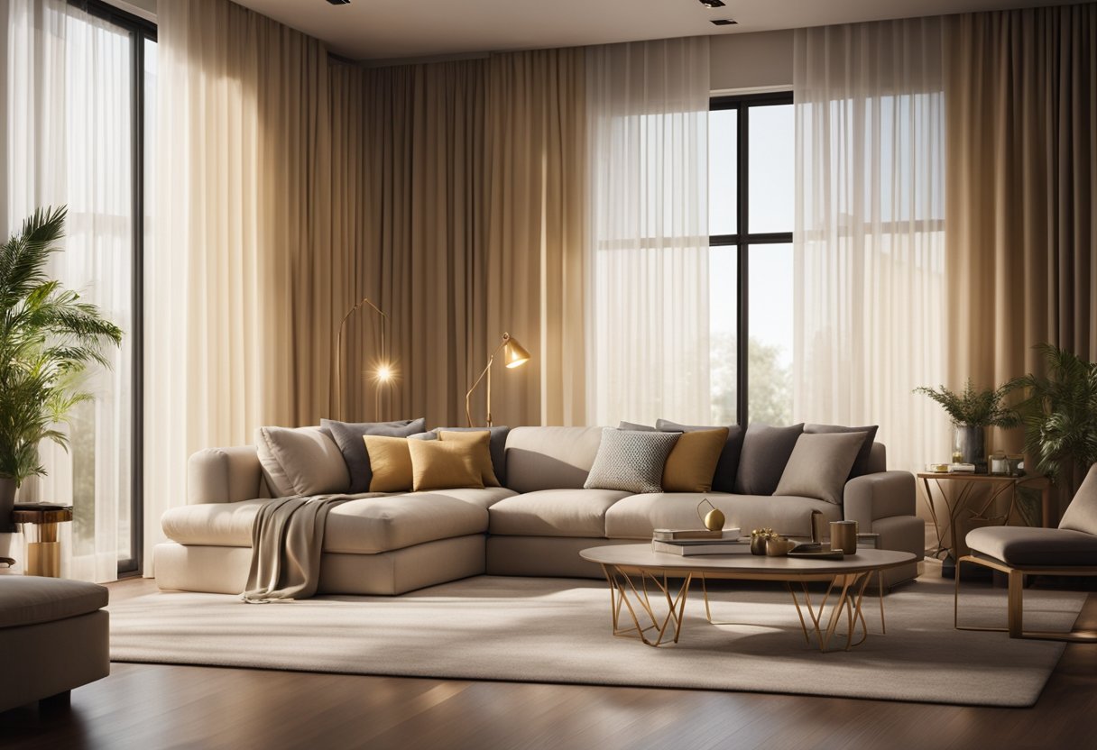 Sunlight filters through elegant, floor-length designer curtains in a spacious living room, casting a warm glow on the stylish furnishings