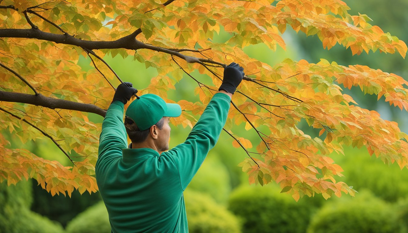 The katsura tree's leaves change color from green to vibrant red and gold. A gardener carefully trims and shapes the tree, creating a beautiful and well-groomed appearance