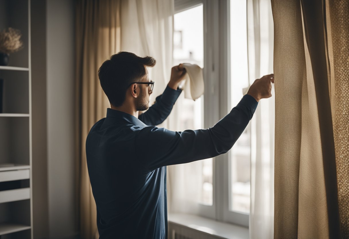 A designer carefully installs and maintains elegant curtains in a stylish living room