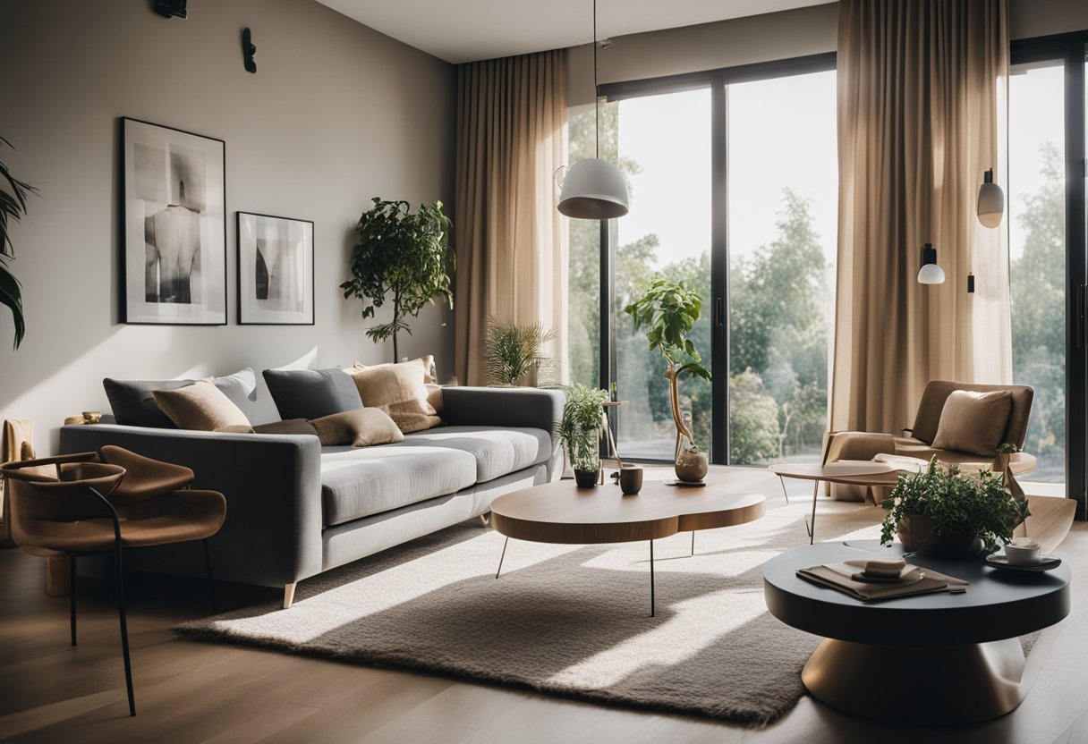 A modern living room with designer curtains, natural light streaming in, and a cozy seating area