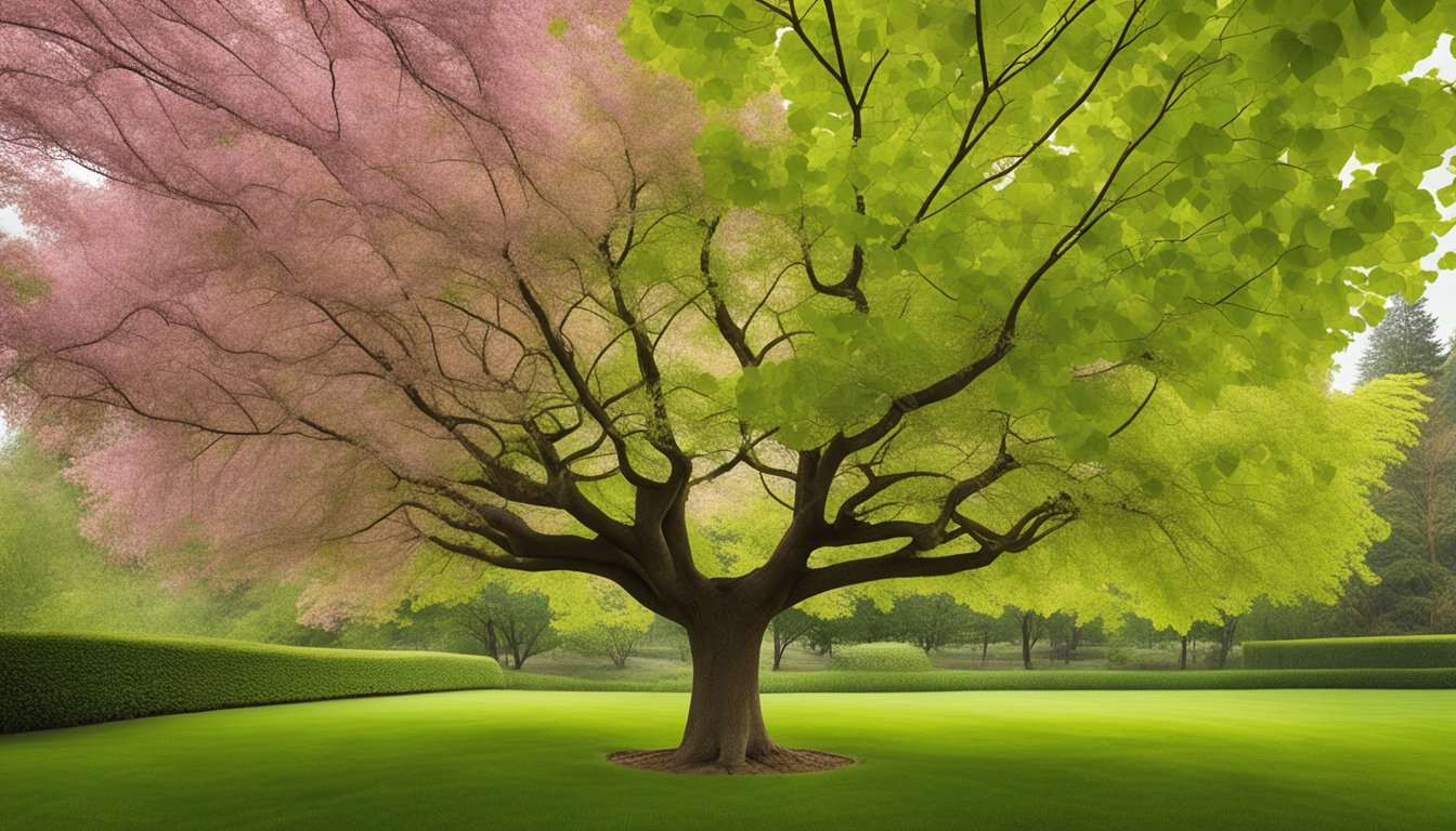 Katsura tree with heart-shaped leaves in a serene garden setting, showcasing different varieties of the tree in various stages of growth