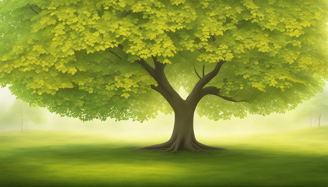 A katsura tree stands tall, with heart-shaped leaves in vibrant shades of green and gold. The tree is surrounded by a peaceful garden, with a serene atmosphere