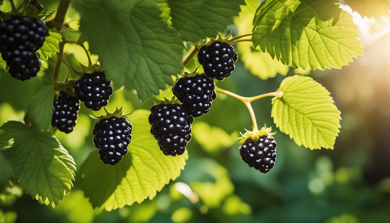 A cluster of ripe blackberries hangs from a thorny vine, surrounded by lush green leaves and dappled sunlight