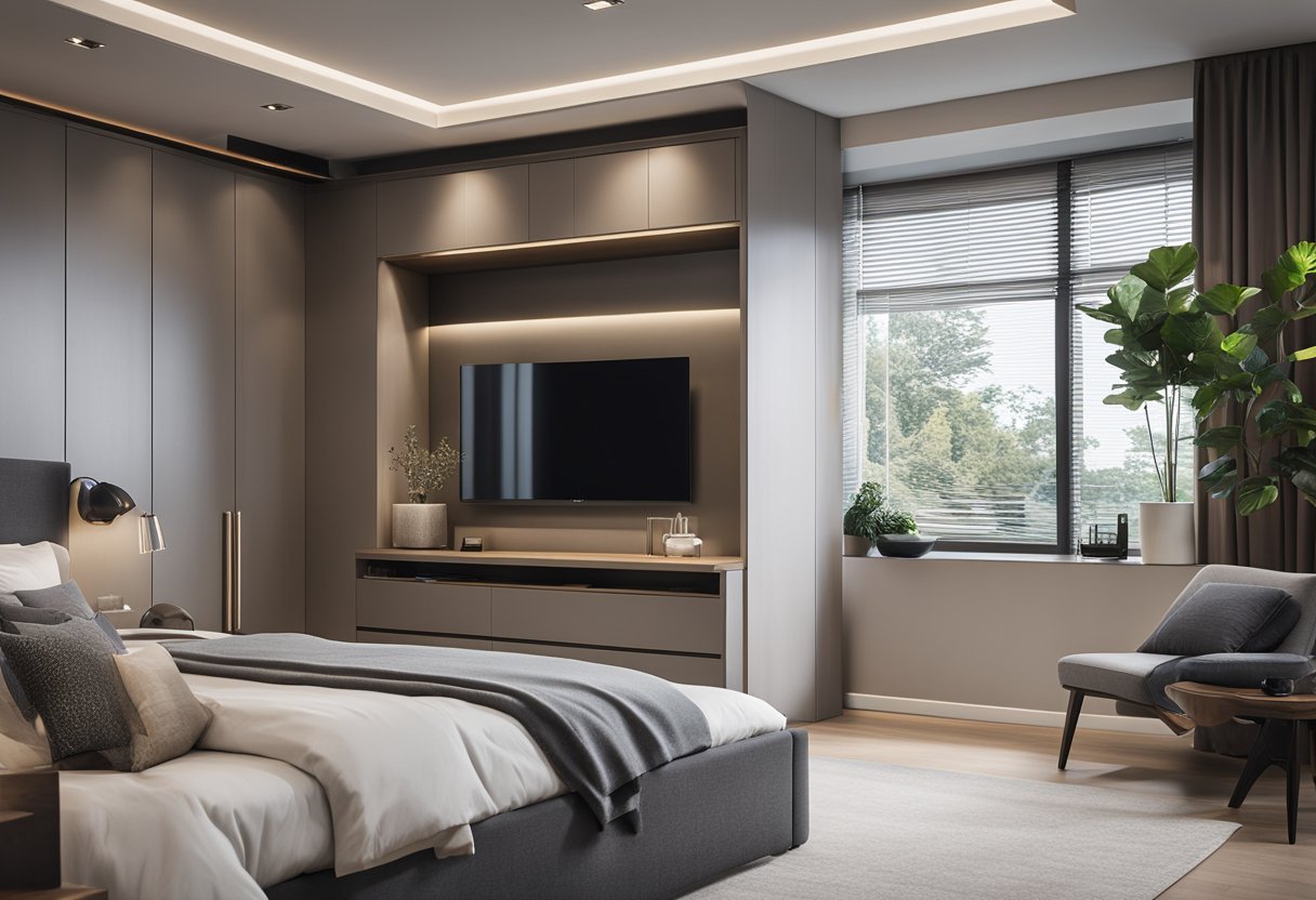 A spacious master bedroom with a sleek, modern wardrobe design featuring a built-in TV unit. The wardrobe is elegantly designed with clean lines and ample storage space