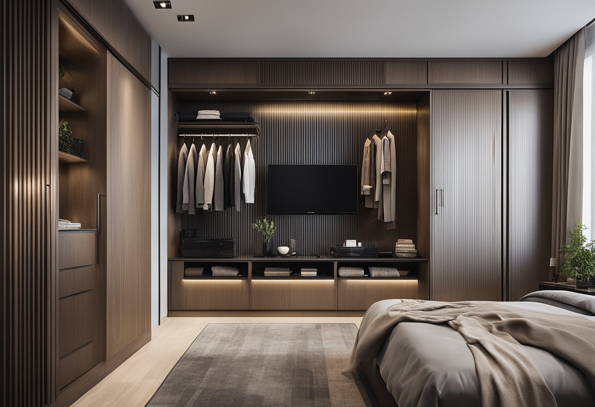 A sleek, modern wardrobe with integrated TV unit in a spacious master bedroom