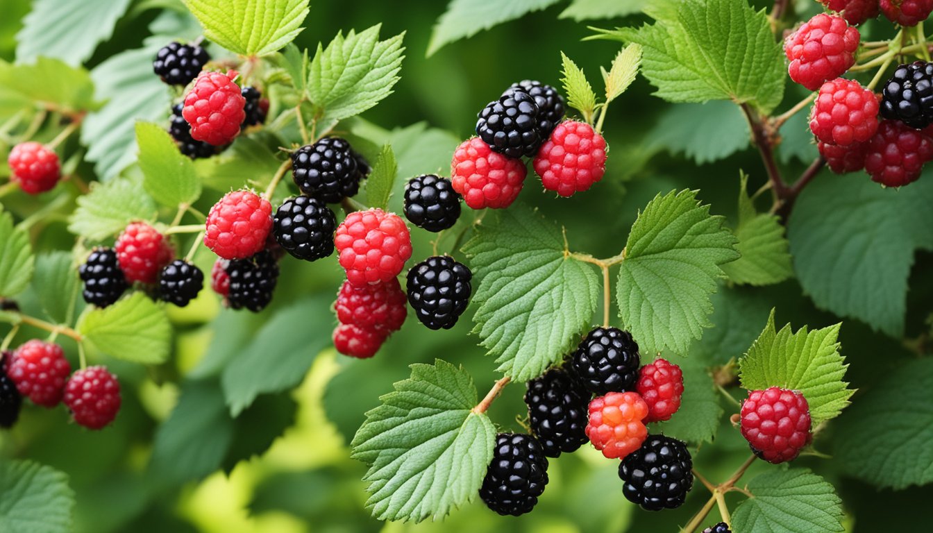 Lush blackberry bushes with ripe fruit, vibrant leaves, and thorny stems. A close-up view showcasing the intricate details of the berries and surrounding foliage