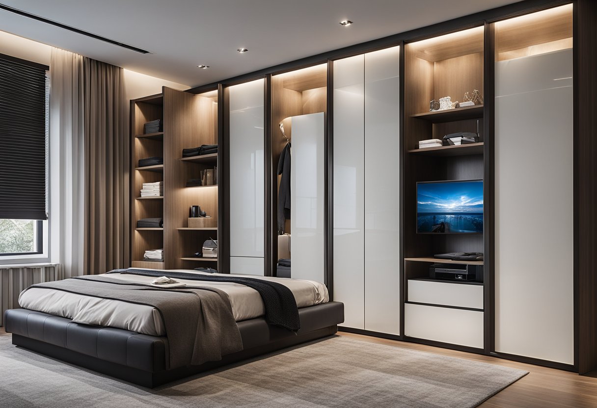 A sleek, modern wardrobe with integrated TV unit, maximizing storage and style in a spacious master bedroom
