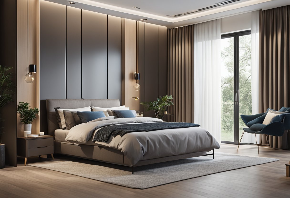 A spacious master bedroom with a modern wardrobe featuring a built-in TV unit, sleek design, and ample storage space