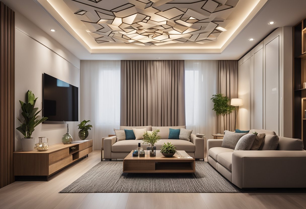 A modern living room with intricate false ceiling designs, featuring geometric patterns and recessed lighting