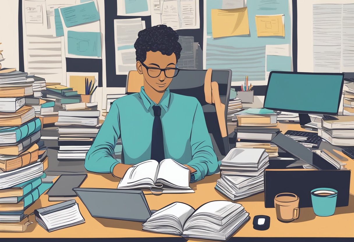 A person's desk cluttered with negotiation books and notes, a computer open to a salary comparison website, and a confident expression on a faceless figure's face