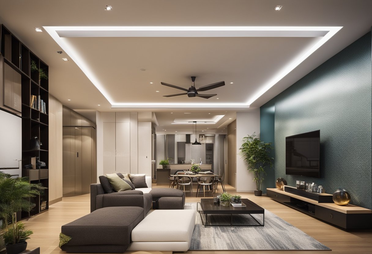 Various false ceiling materials showcased in a modern living room setting with different designs and textures