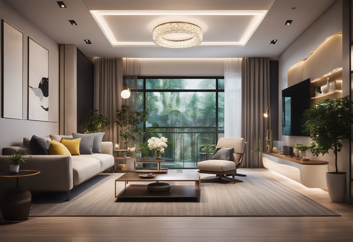 A modern living room with a sleek false ceiling design featuring innovative lighting solutions