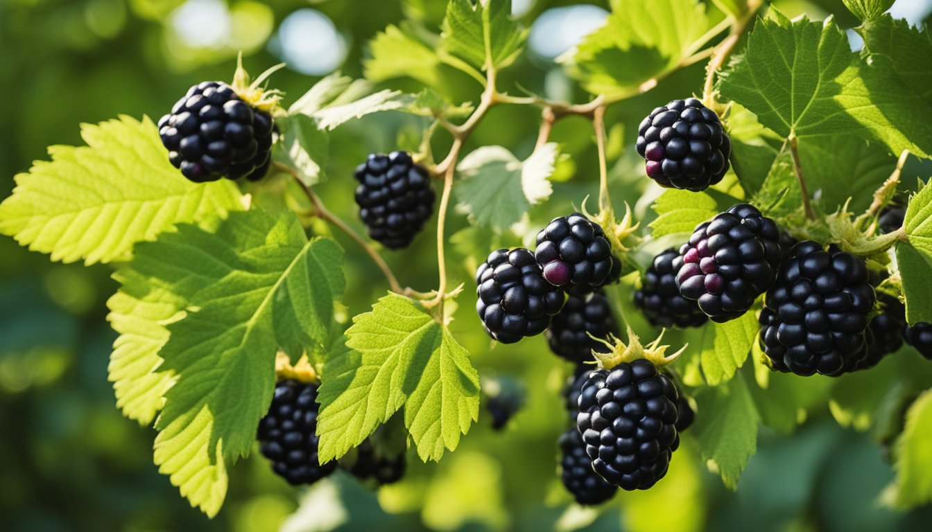 A ripe blackberry bush with plump, juicy fruits hanging from the thorny branches, surrounded by vibrant green leaves and dappled sunlight