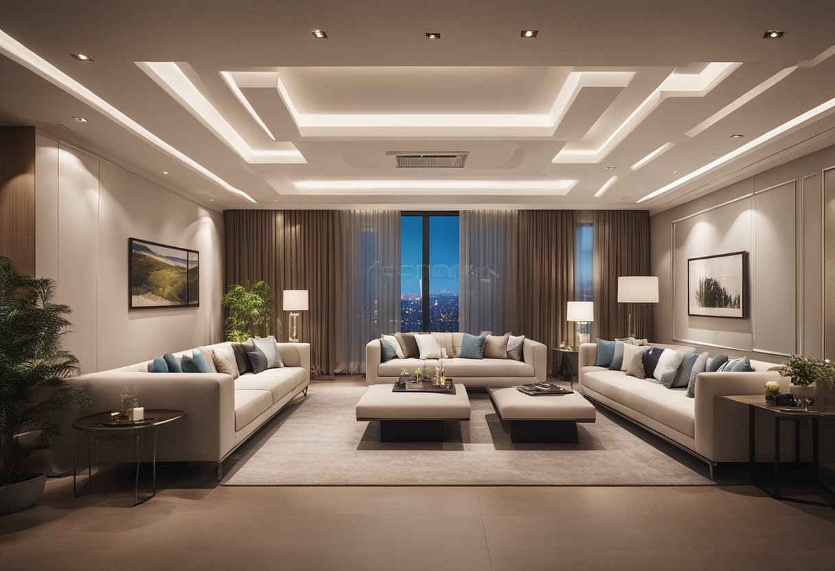 A spacious living room with a modern false ceiling design, featuring recessed lighting and geometric patterns, creating a sleek and elegant atmosphere