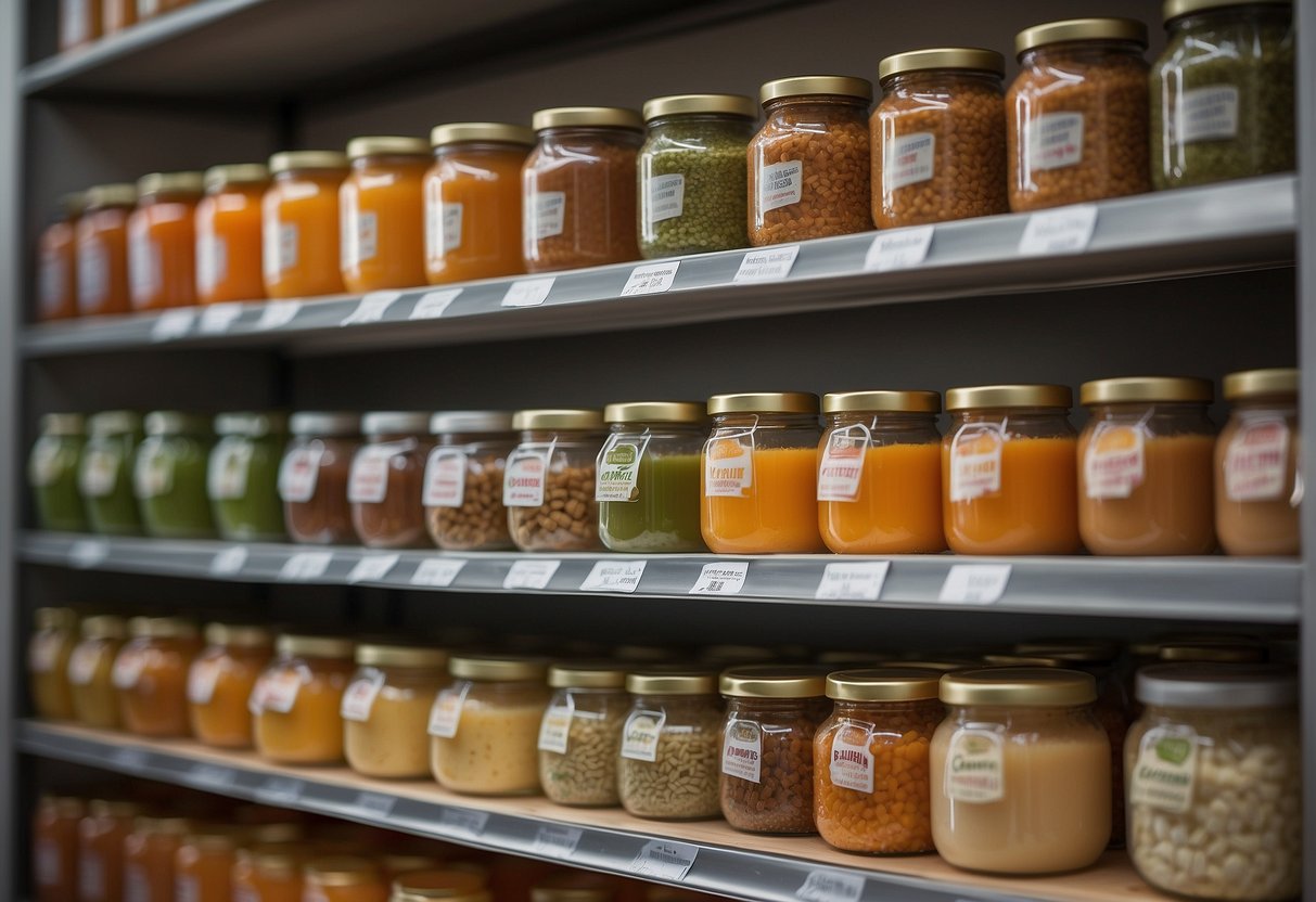 A variety of baby food jars and pouches displayed on a shelf with a "Buyers Guide" sign, emphasizing the importance of choosing the right baby food