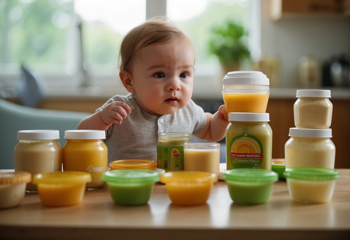A baby sits in a high chair surrounded by various baby food containers. A parent reads the safety and allergy considerations on the packaging
