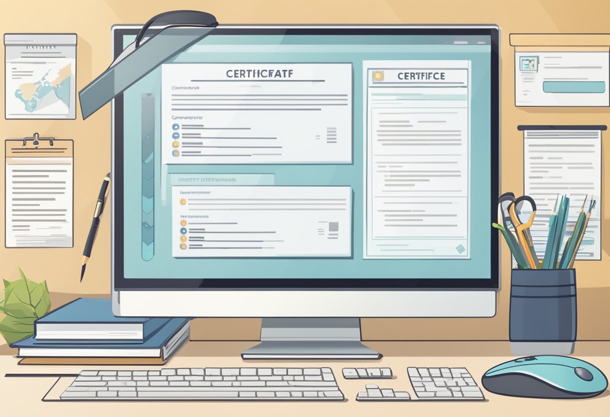 A computer screen displaying a list of certifications and skills, with a keyboard and mouse nearby. A diploma and online course certificates are arranged neatly on the desk