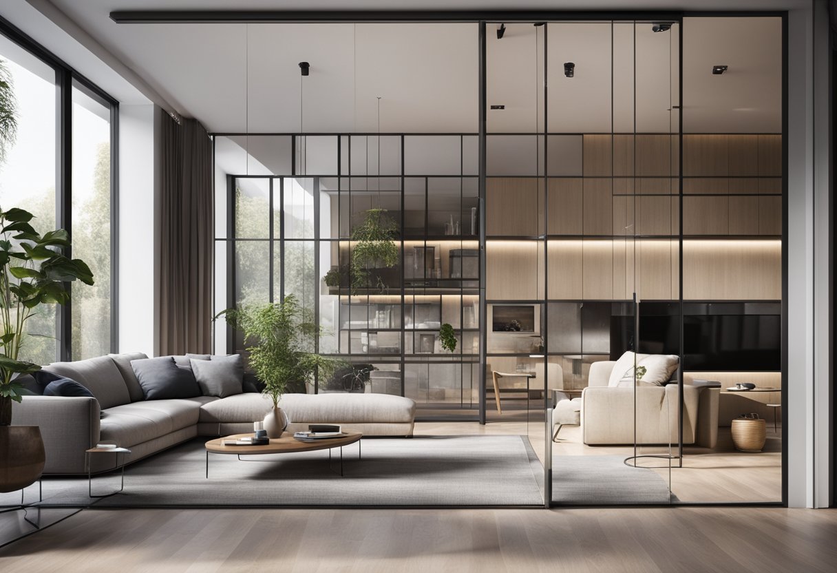 A modern living room with a sleek glass partition separating the space, allowing natural light to filter through. A contemporary and minimalist design with clean lines and open space