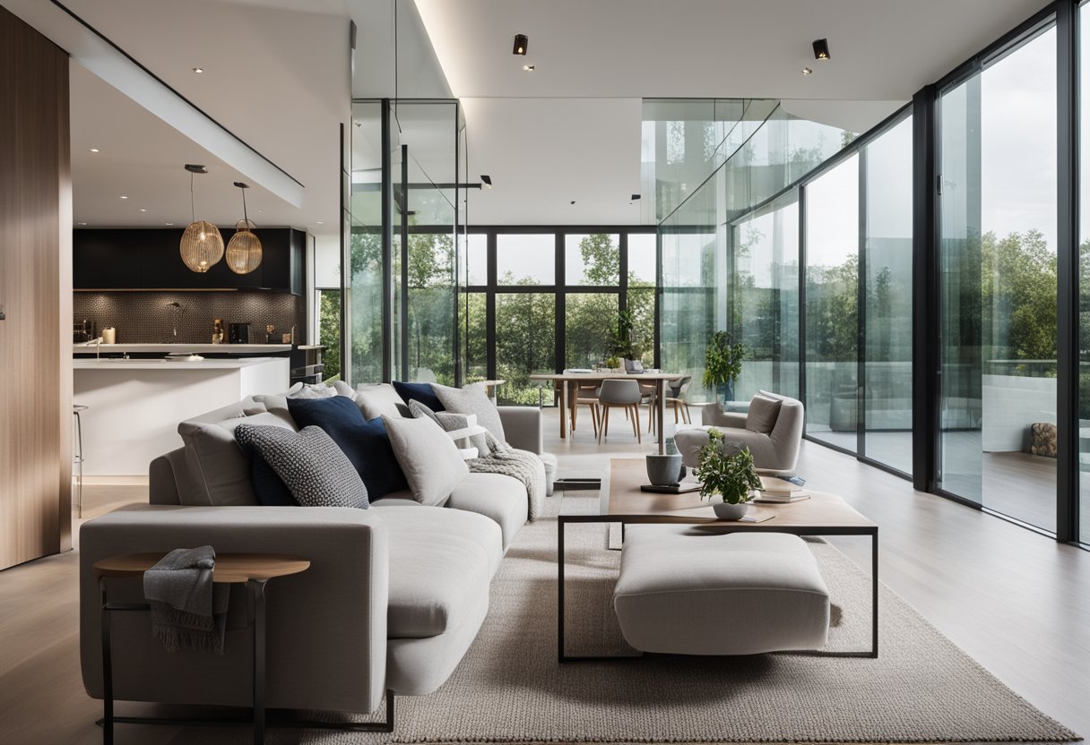A modern living room with glass partitions creating separate areas, allowing natural light to flow through the space