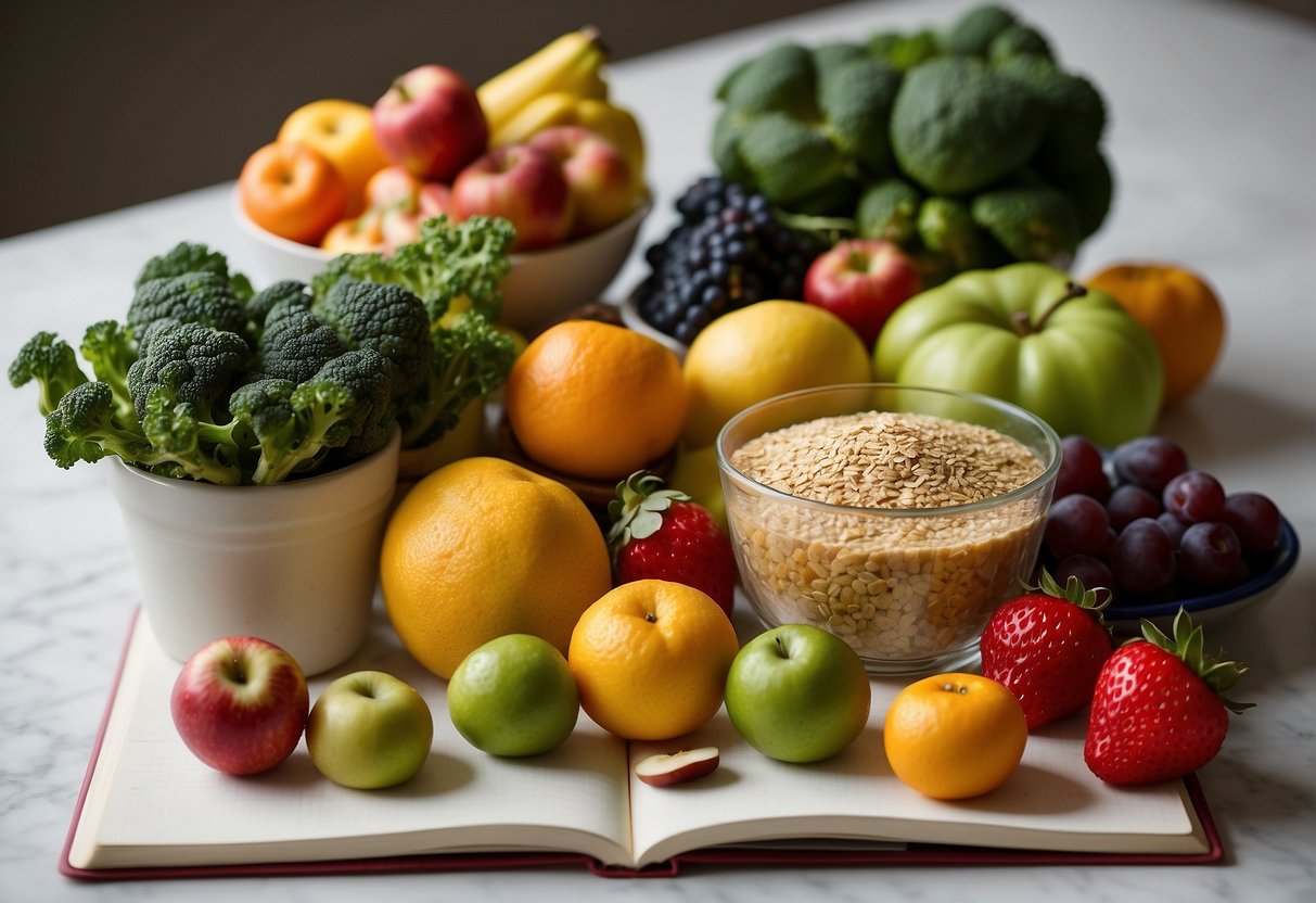 A colorful array of fruits, vegetables, and grains arranged on a kitchen counter, with a notebook open to a page titled "Diet Diversity and Meal Planning Baby Food Buyer's Guide."