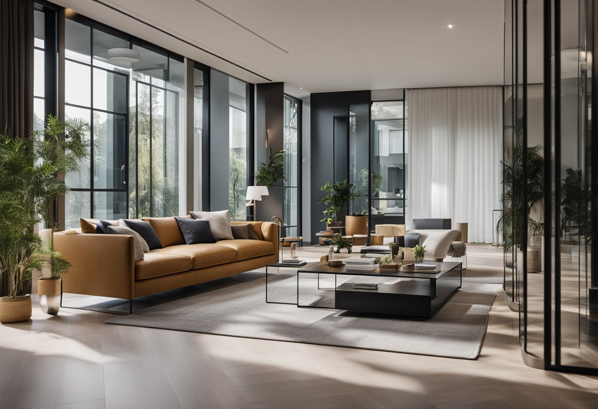 A modern living room with a sleek glass partition separating the space. Contemporary furniture and decor fill the room
