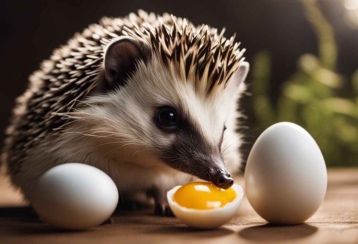 A hedgehog sits in front of a cracked egg, sniffing it curiously