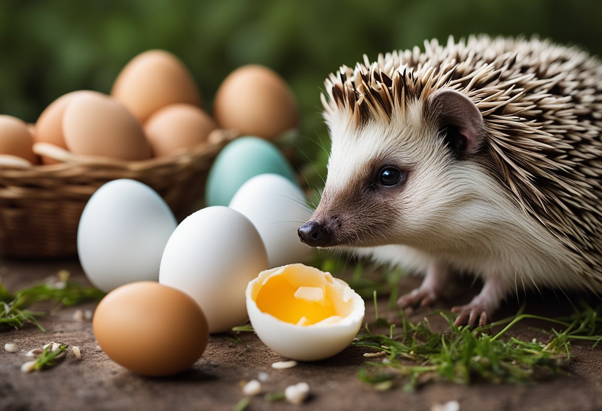 Hedgehog surrounded by eggs, looking healthy and energetic. A cracked eggshell nearby. Text: "Nutritional Benefits of Eggs for Hedgehogs."