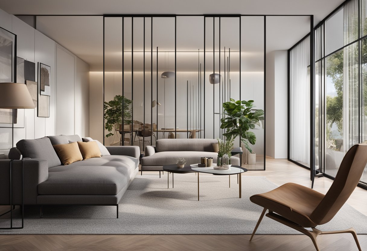 A spacious living room with a modern glass partition, allowing natural light to flow through. The partition features a sleek and minimalist design, adding a touch of elegance to the room