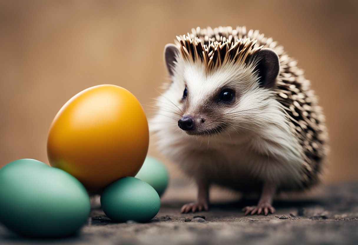 A hedgehog eagerly consumes a cracked egg, its spines bristling with excitement