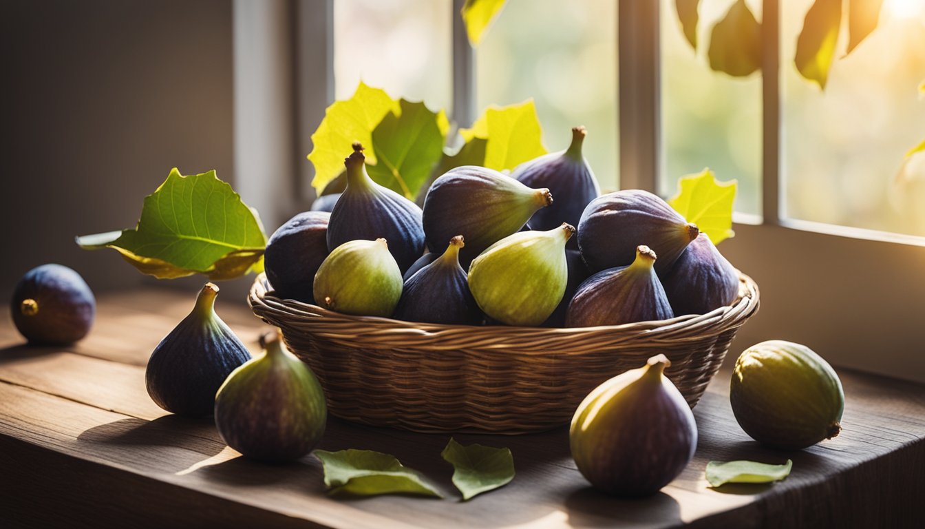 A basket of ripe figs sits on a wooden table, surrounded by scattered leaves and a few fallen fruits. Sunlight filters through a nearby window, casting a warm glow on the scene