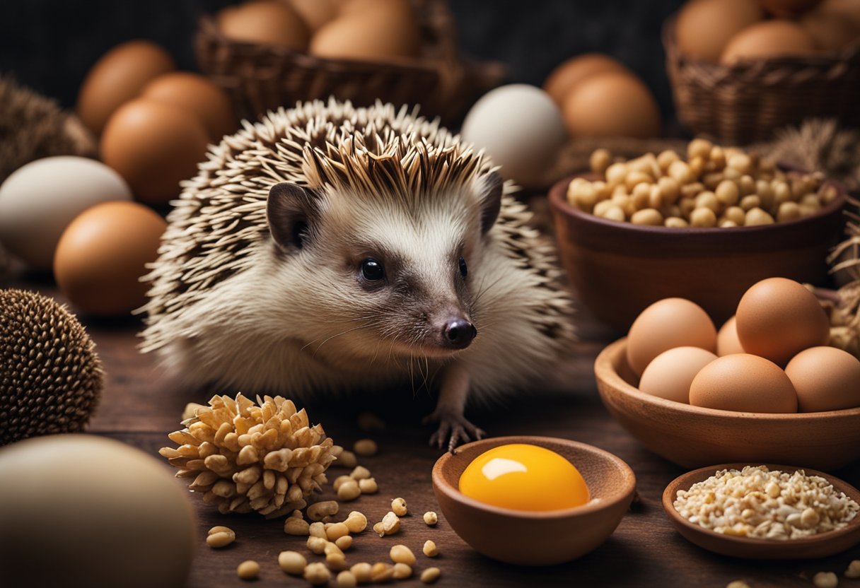A hedgehog surrounded by various food items, including eggs, with a questioning expression on its face