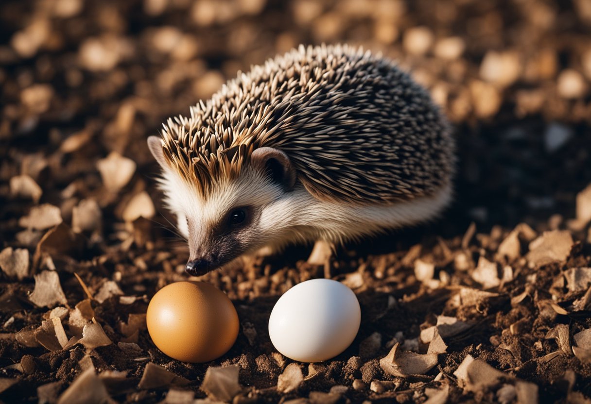 A hedgehog investigates a cracked egg on the ground