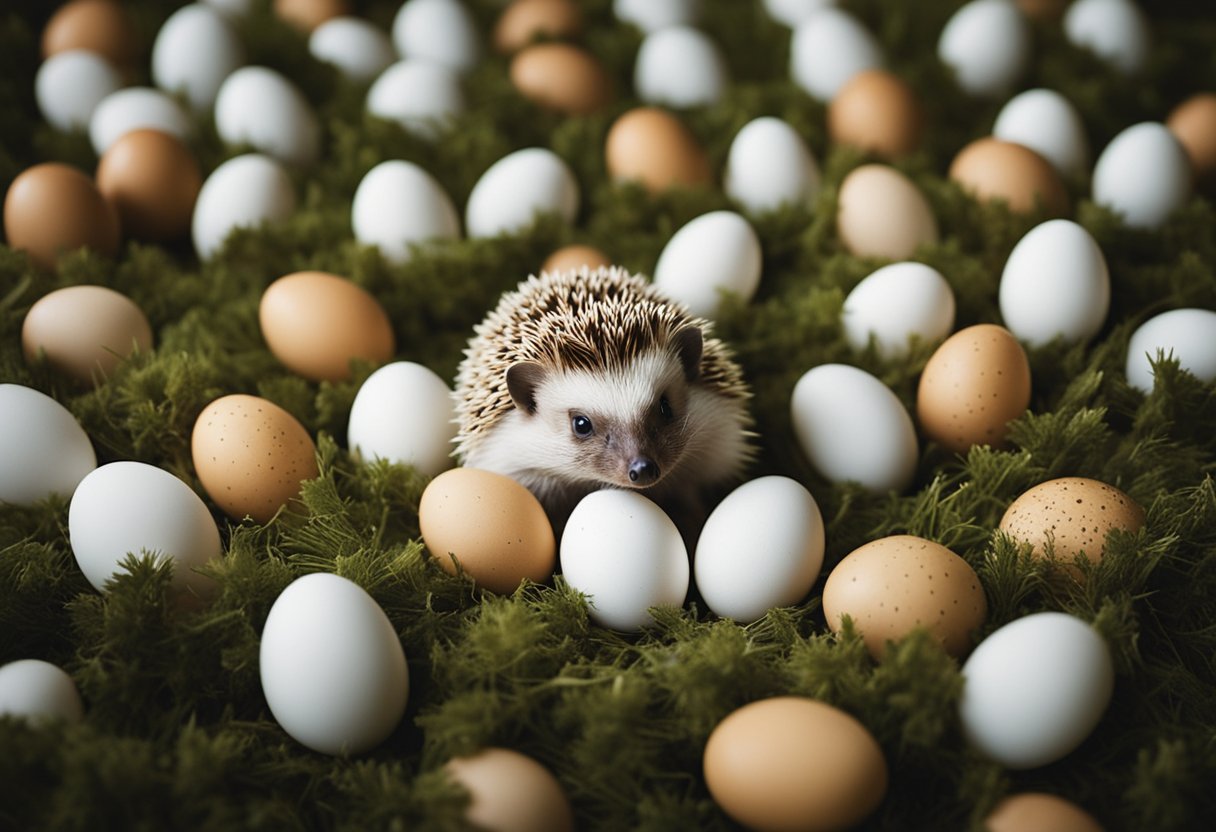 A hedgehog surrounded by eggs, looking curious