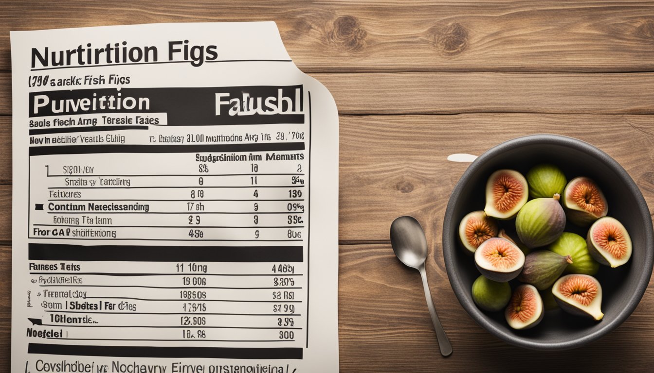 A table with a bowl of fresh figs, a nutrition label, and a measuring cup