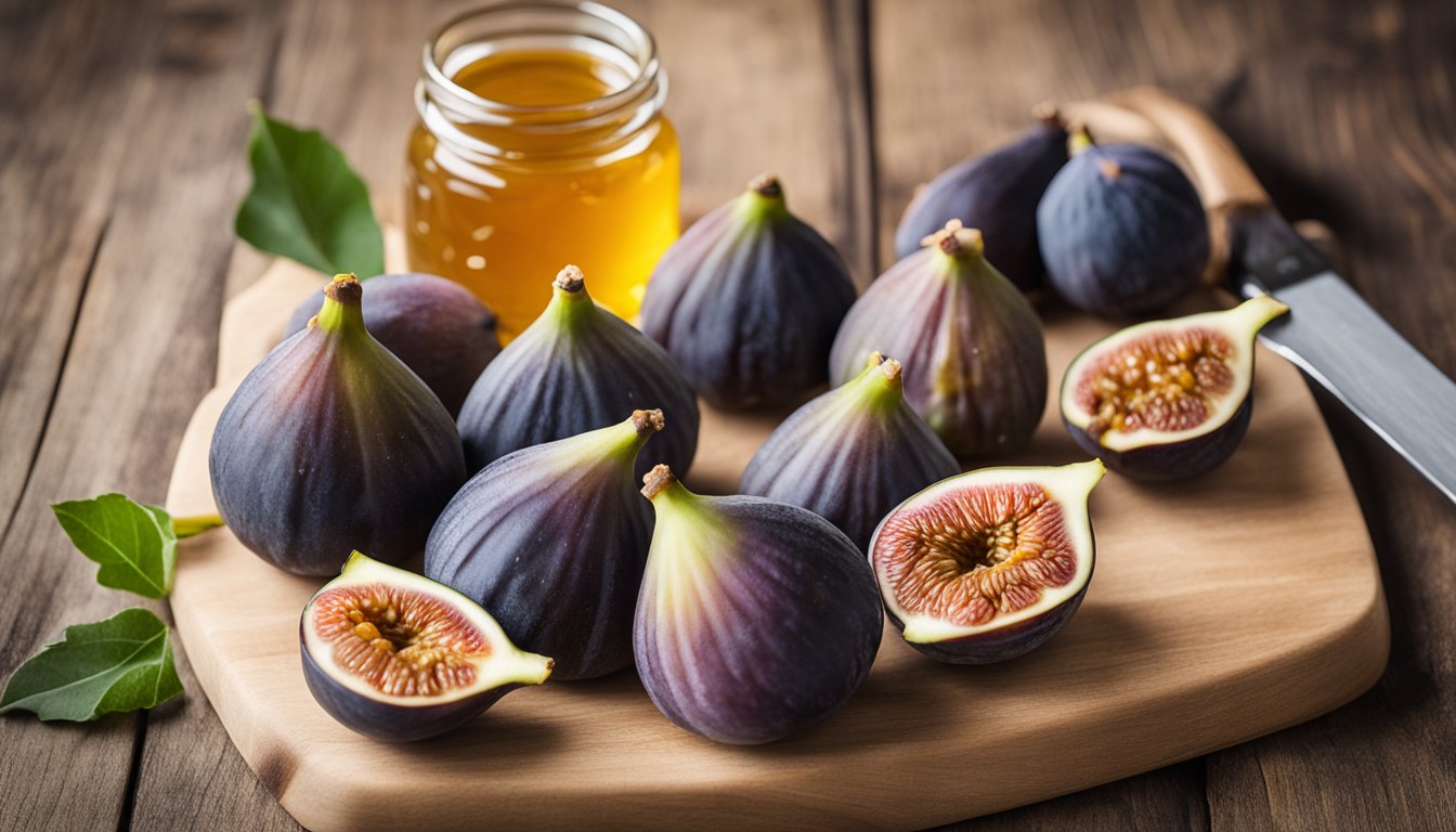 Figs being sliced and arranged on a wooden cutting board with a knife and a bowl of honey nearby