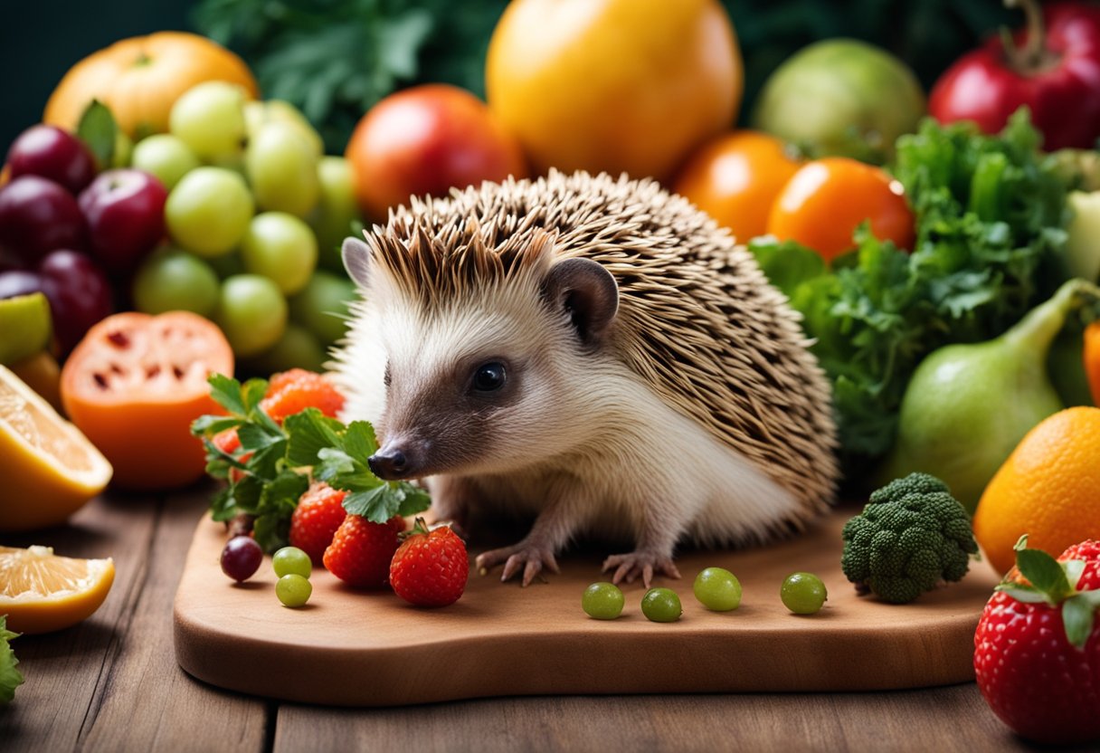 A hedgehog nibbles on a piece of chicken, surrounded by a variety of fruits and vegetables