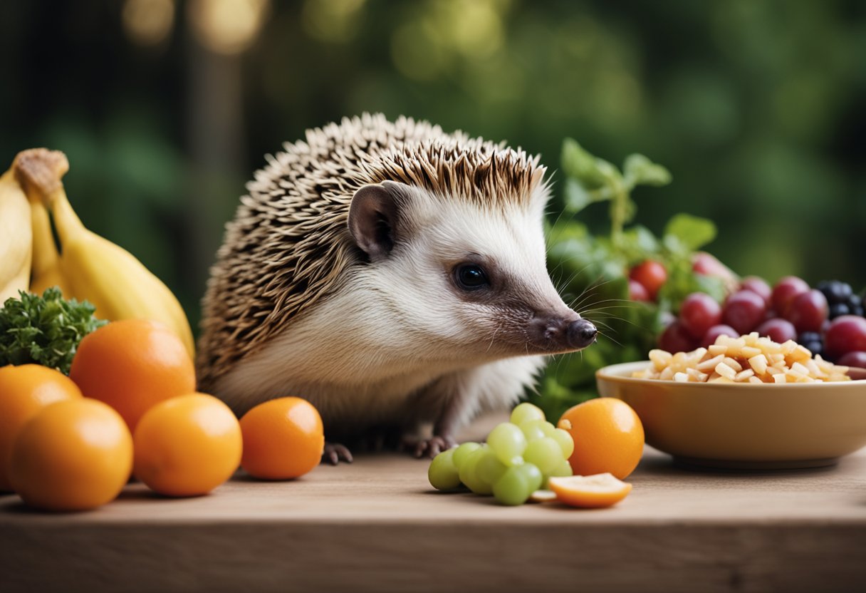 A hedgehog sits beside a bowl of chicken, looking curiously at it. A pile of fruits and vegetables is nearby, showcasing a balanced diet
