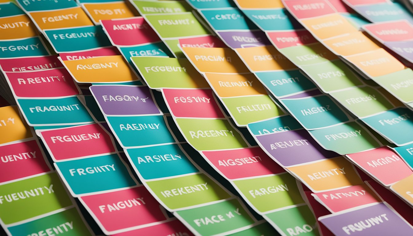 A stack of colorful "Frequently Asked Questions" cards arranged in a neat row, with a spotlight shining on them