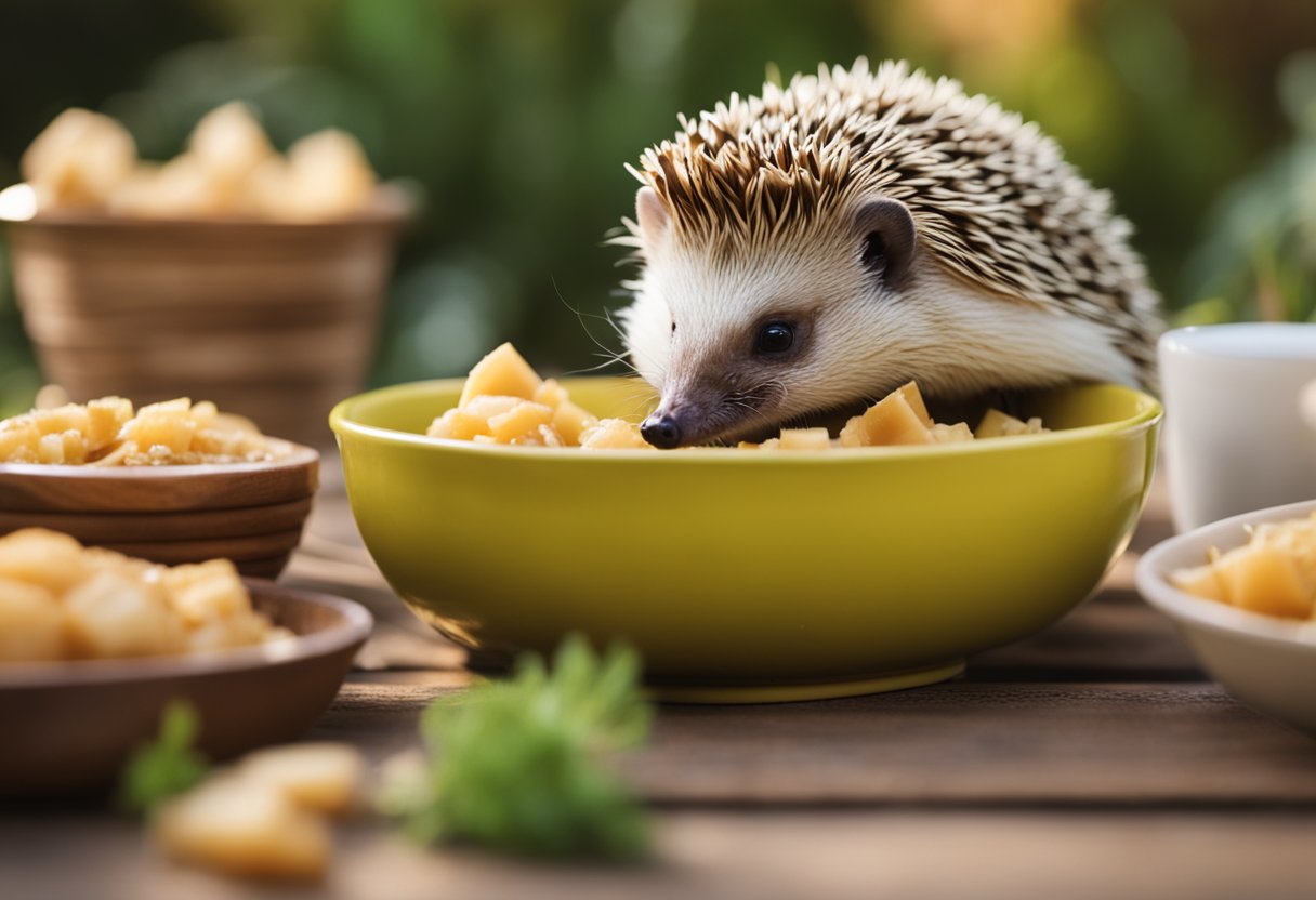 Hedgehogs eagerly devouring chicken pieces in a cozy outdoor setting