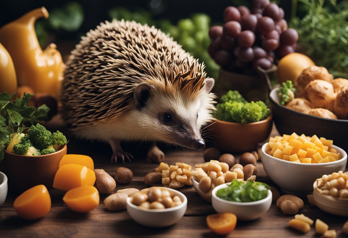 A hedgehog surrounded by various food items, including chicken