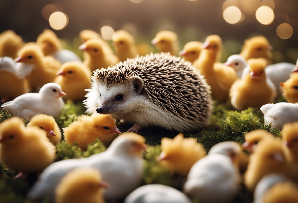 A hedgehog surrounded by chicken pieces, with a question mark above its head