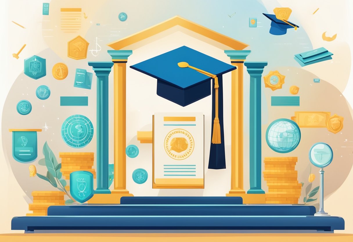 A podium displaying top college degrees with the highest earnings, surrounded by symbols of education and finance, with a futuristic backdrop