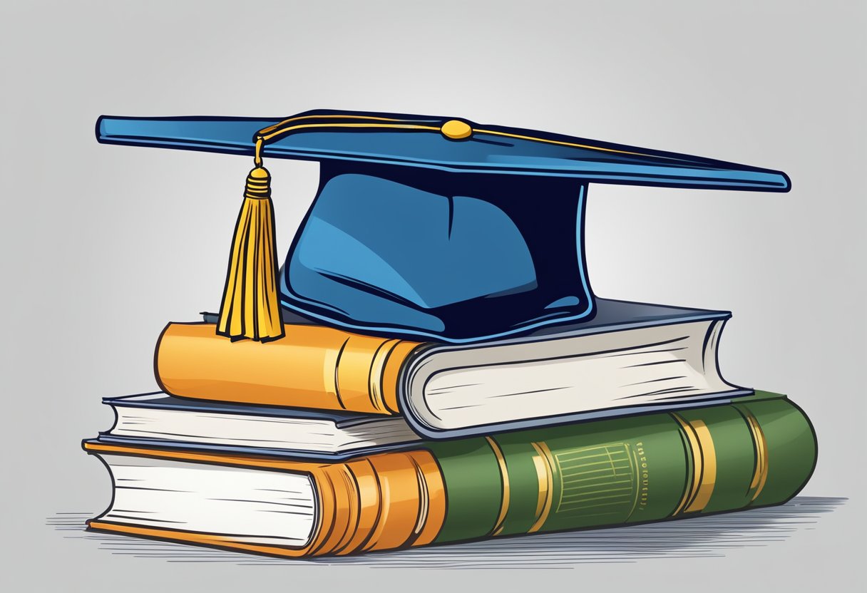 A stack of books, a graduation cap, and a chart showing top earning college degrees